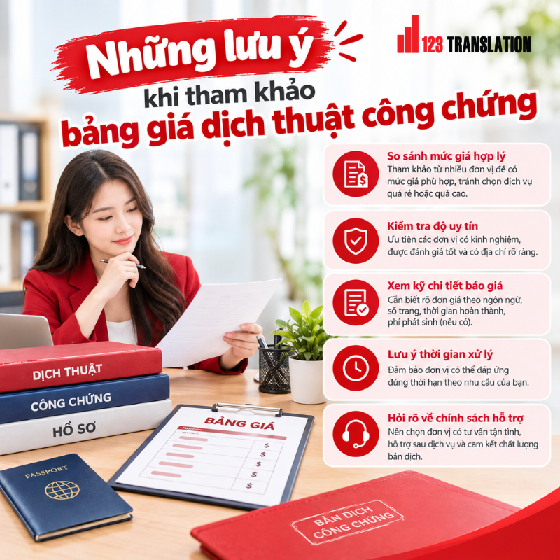 Tham khảo bảng giá dịch thuật công chứng để lựa chọn dịch vụ phù hợp với loại giấy tờ, ngôn ngữ và thời gian cần nhận.